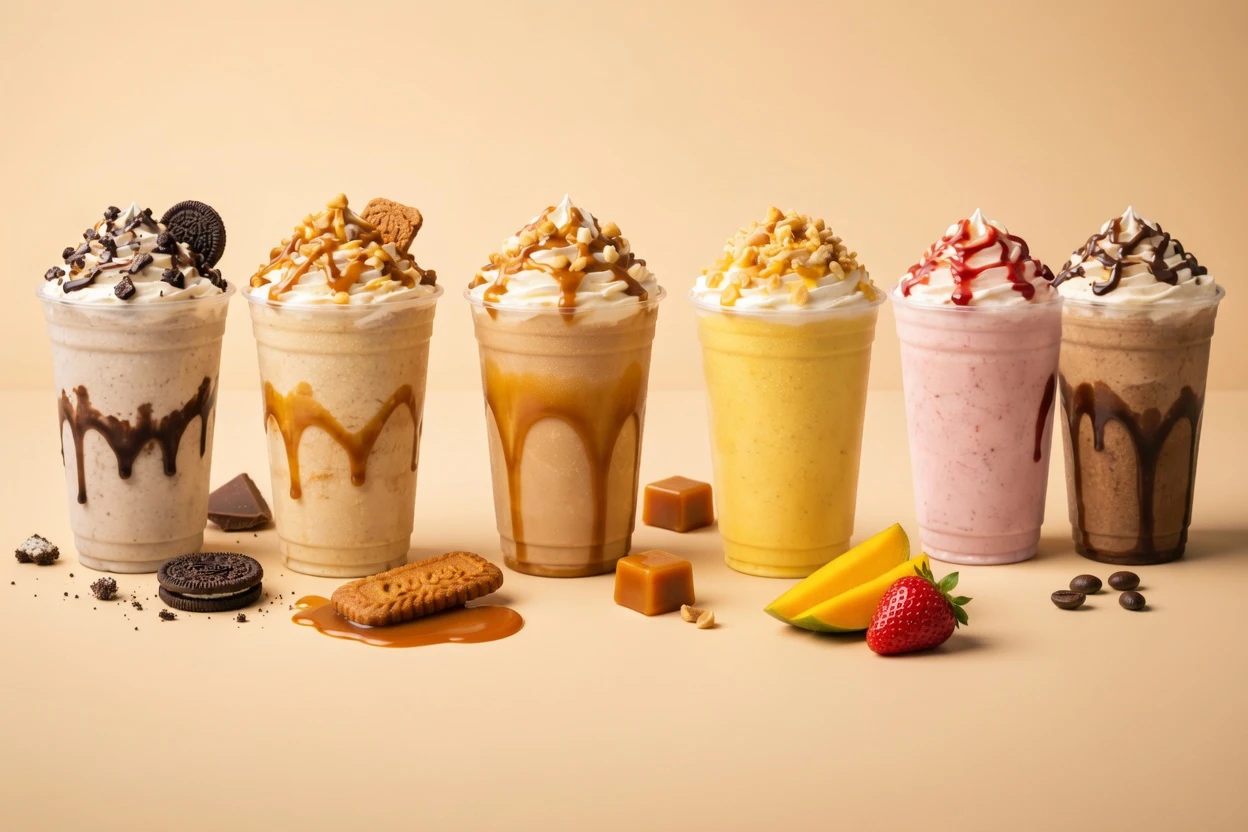 Retal milkshakes — Oreo, Biscoff, Salted Caramel, Mango, Strawberry, and Espresso shakes served thick with toppings