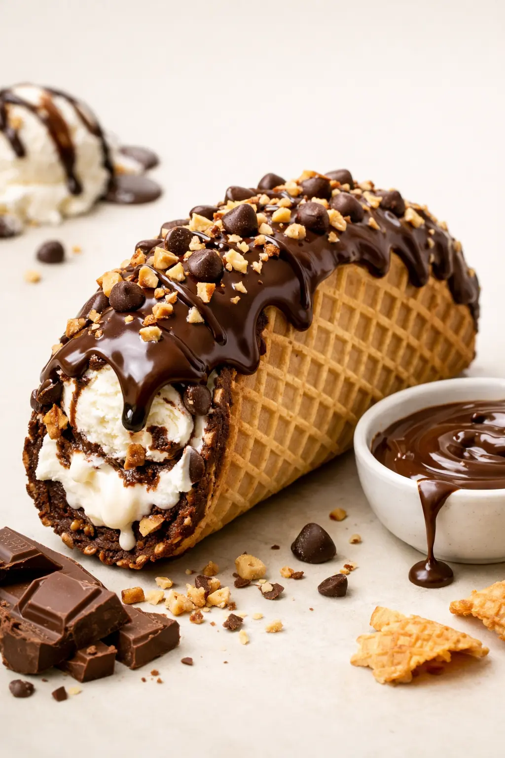 chocolate taco ice cream with creamy vanilla scoop, glossy milk‑chocolate dip, chopped nuts, chocolate drizzle and crisp waffle shell on Retal Ice Cream NJ, New Jersey