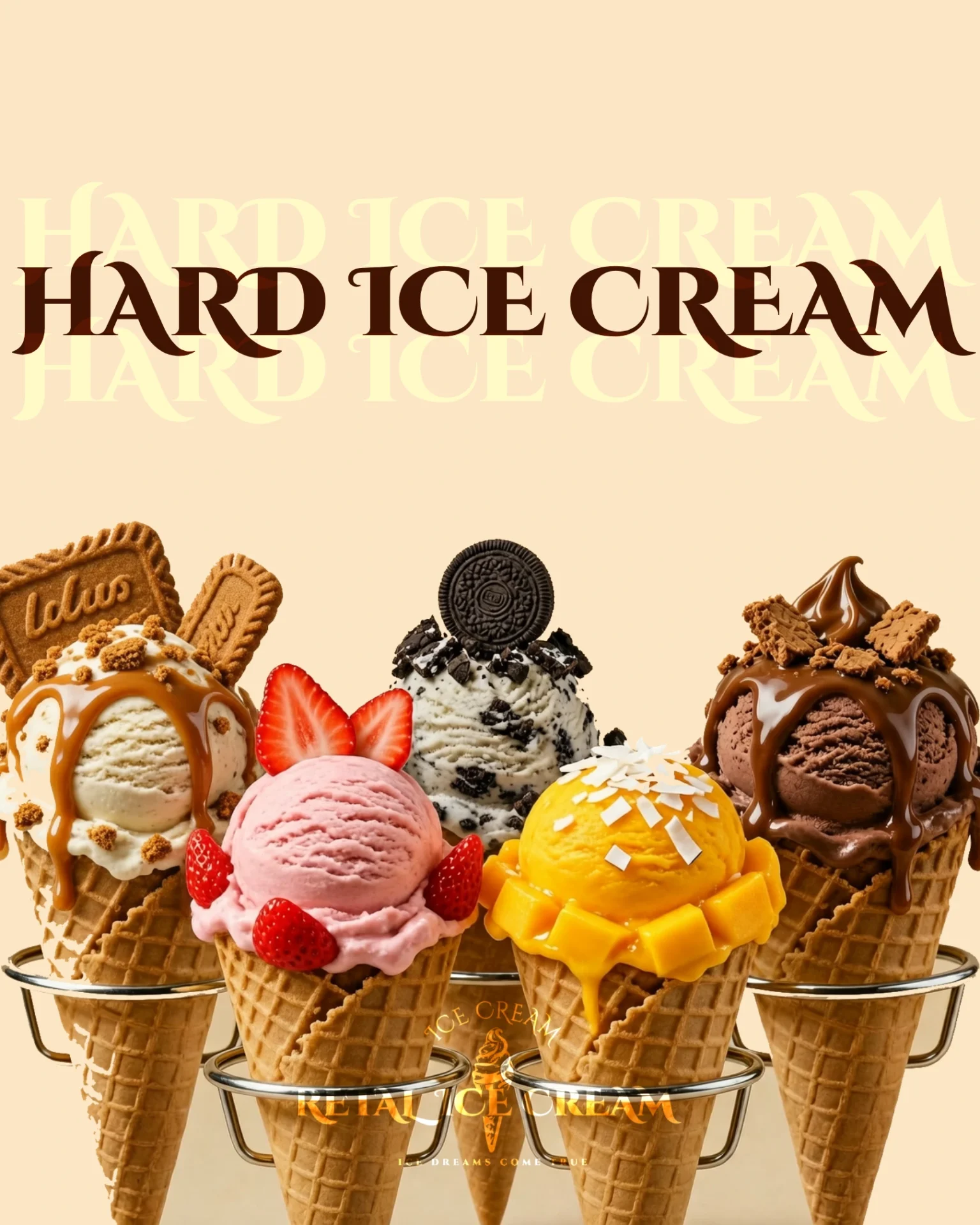 Retal Ice Cream signature cones — Cookies and Cream, Biscoff, Strawberry, Mango, and Chocolate served in waffle cones